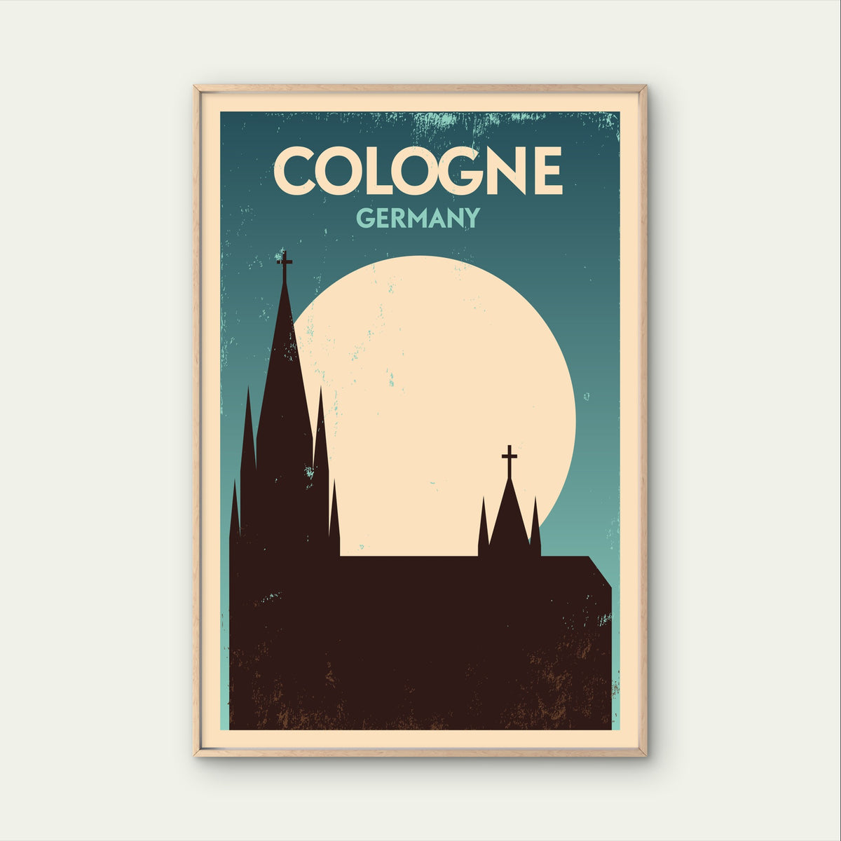 Cologne Germany Cathedral Retro Moon Vintage Travel Poster Print Wall Art