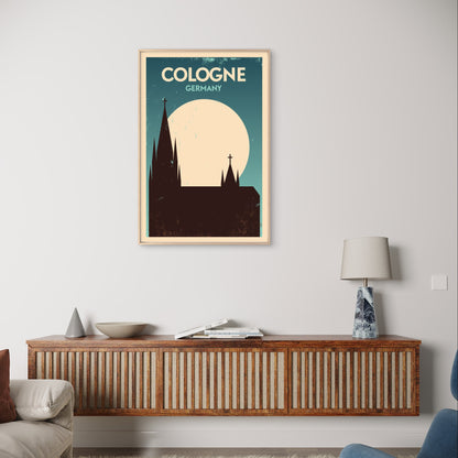 Cologne Germany Cathedral Retro Moon Vintage Travel Poster Print Wall Art