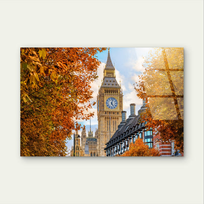 London Big Ben Autumn Trees Cityscape Acrylic Glass Printing Wall Art Australian Made Quality