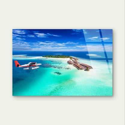 Maldives Island Resort Seaplane Ocean Acrylic Glass Printing Wall Art Australian Made Quality
