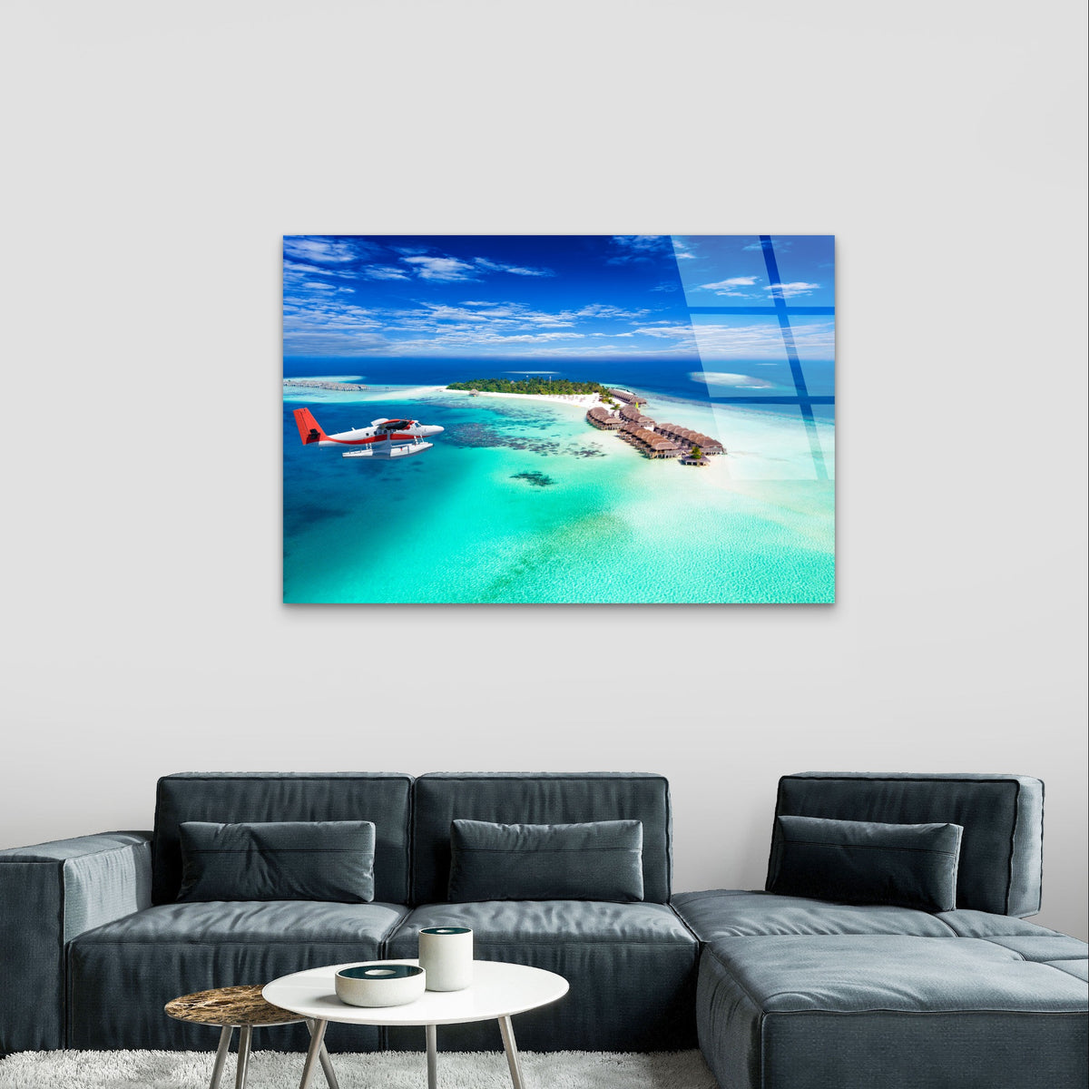 Maldives Island Resort Seaplane Ocean Acrylic Glass Printing Wall Art Australian Made Quality