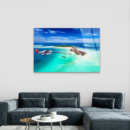 Maldives Island Resort Seaplane Ocean Acrylic Glass Printing Wall Art Australian Made Quality