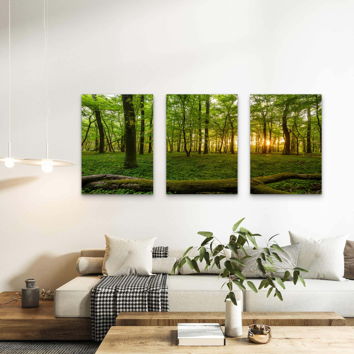 3pcs Green Nature Trees Woods Sunbeam Woodland Wall Art Set Canvas Framed 60x90cm - High Quality Print 100% Australian Made Wall Canvas Ready to Hang