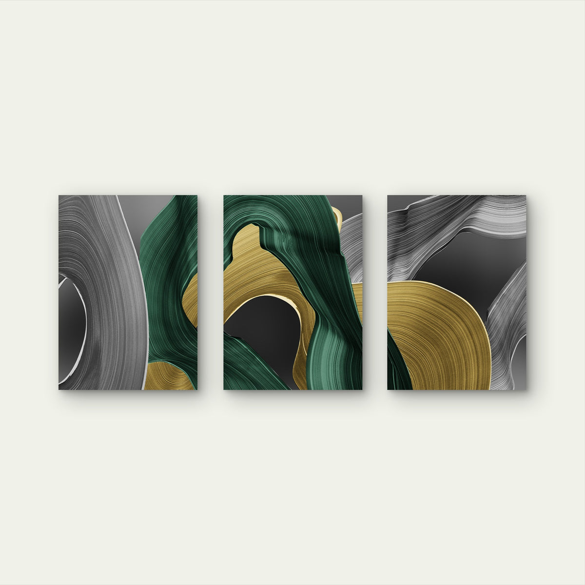 3pcs Green Gold Gray Black Abstract Swirl Wave Wall Art Set Canvas Framed 60x90cm - High Quality Print 100% Australian Made Wall Canvas Ready to Hang
