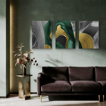 3pcs Green Gold Gray Black Abstract Swirl Wave Wall Art Set Canvas Framed 40x60cm - High Quality Print 100% Australian Made Wall Canvas Ready to Hang
