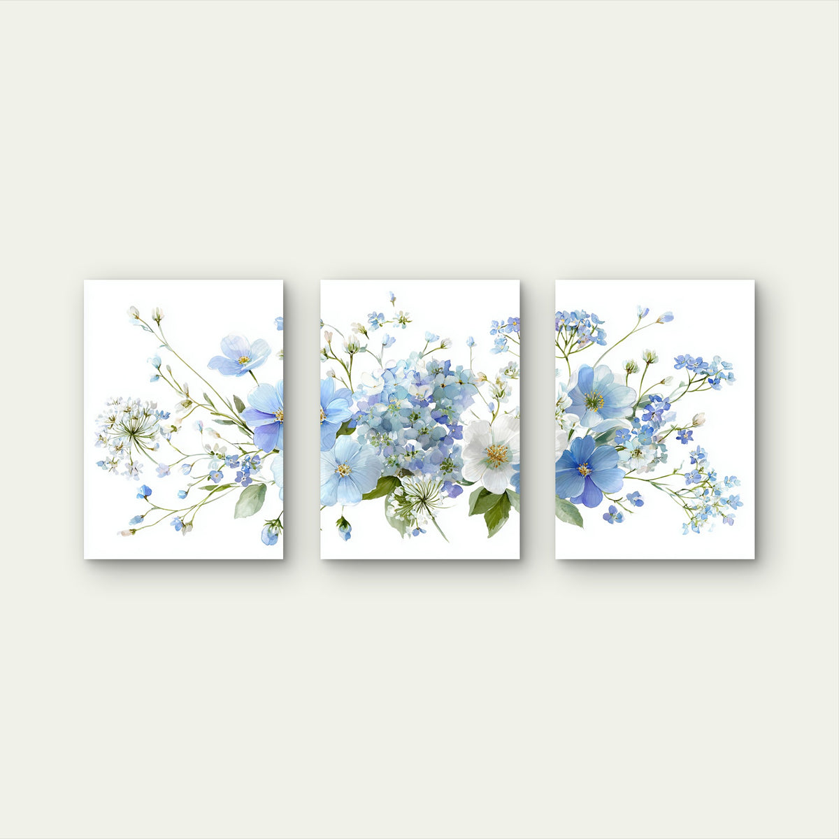 3pcs Blue Flower Floral Watercolor Wildflower Wall Art Set Canvas Framed 40x60cm - High Quality Print 100% Australian Made Wall Canvas Ready to Hang