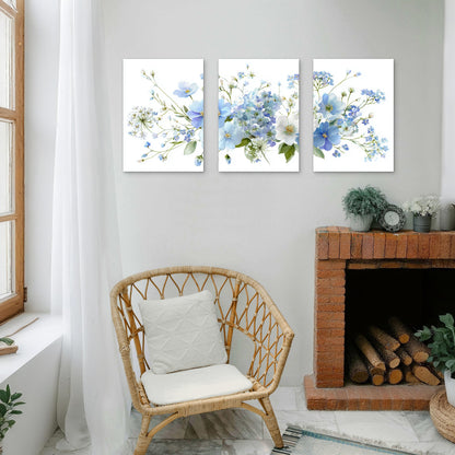 3pcs Blue Flower Floral Watercolor Wildflower Wall Art Set Canvas Framed 60x90cm - High Quality Print 100% Australian Made Wall Canvas Ready to Hang
