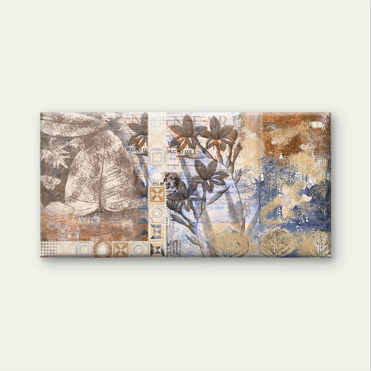 Vintage Floral Orchid Blue Gold Wall Art Canvas Office Home Framed 120x60cm