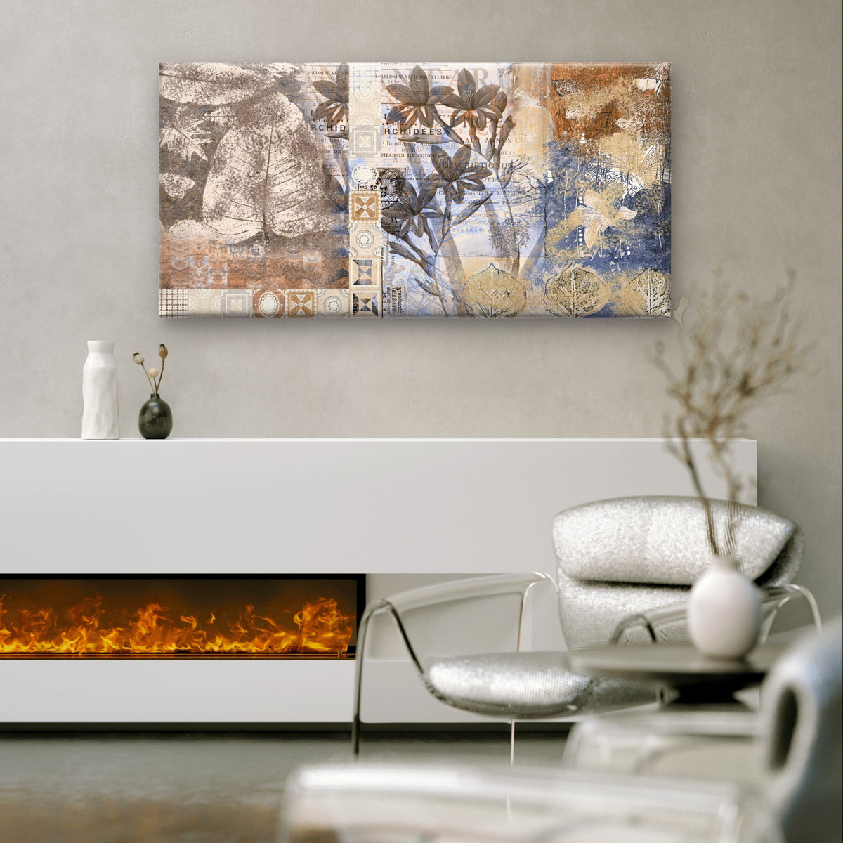 Vintage Floral Orchid Blue Gold Wall Art Canvas Office Home Framed 120x60cm