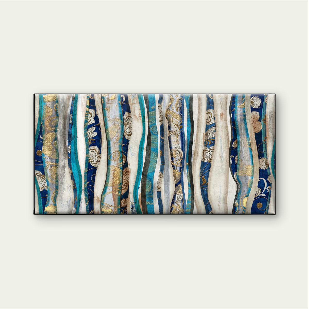 Abstract Teal Gold Ribbon Wave Wall Art Canvas Office Home Framed 120x60cm