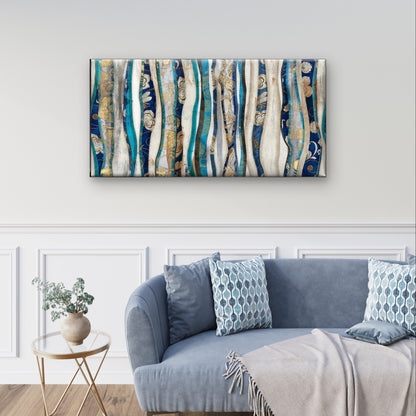 Abstract Teal Gold Ribbon Wave Wall Art Canvas Office Home Framed 120x60cm