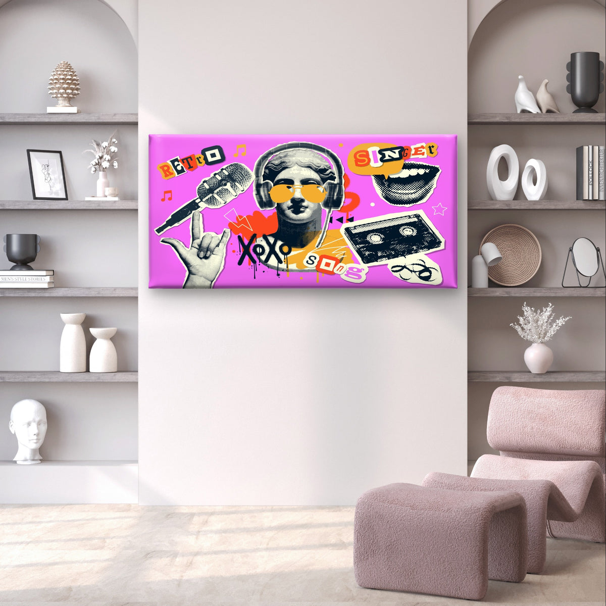 Retro Pop Art Music Collage Pink Wall Art Canvas Office Home Framed 120x60cm