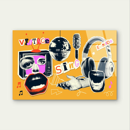Pop Art Collage Music Disco Headphone   Acrylic Glass Printing Wall Art Australian Made Quality