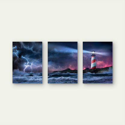 3pcs Lighthouse Sea Storm Lightning Painting Wall Art Set Canvas Framed 40x60cm - High Quality Print 100% Australian Made Wall Canvas Ready to Hang