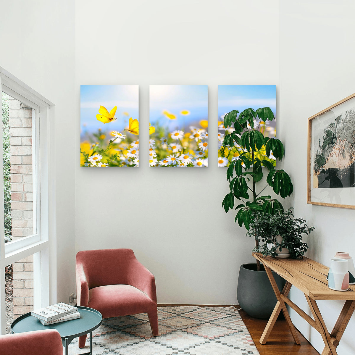 3pcs Daisy Meadow Yellow Butterfly Floral Nature Wall Art Set Canvas Framed 50x70cm - High Quality Print 100% Australian Made Wall Canvas Ready to Hang