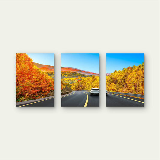 3pcs Autumn Mountain Road Car Yellow Trees Wall Art Set Canvas Framed 50x70cm - High Quality Print 100% Australian Made Wall Canvas Ready to Hang