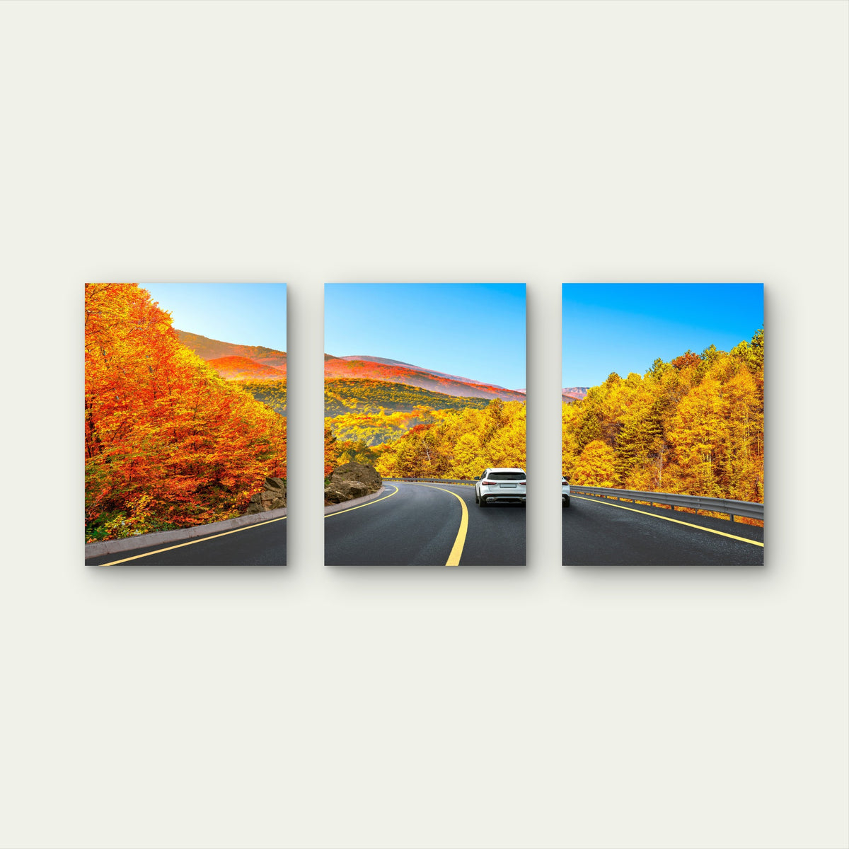 3pcs Autumn Mountain Road Car Yellow Trees Wall Art Set Canvas Framed 60x90cm - High Quality Print 100% Australian Made Wall Canvas Ready to Hang