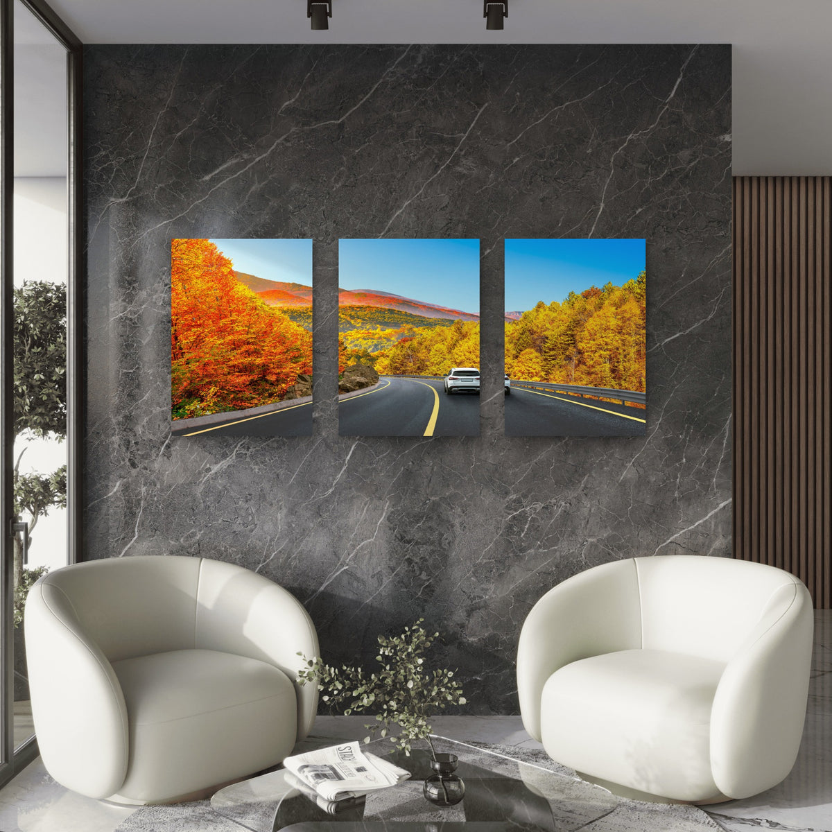 3pcs Autumn Mountain Road Car Yellow Trees Wall Art Set Canvas Framed 40x60cm - High Quality Print 100% Australian Made Wall Canvas Ready to Hang