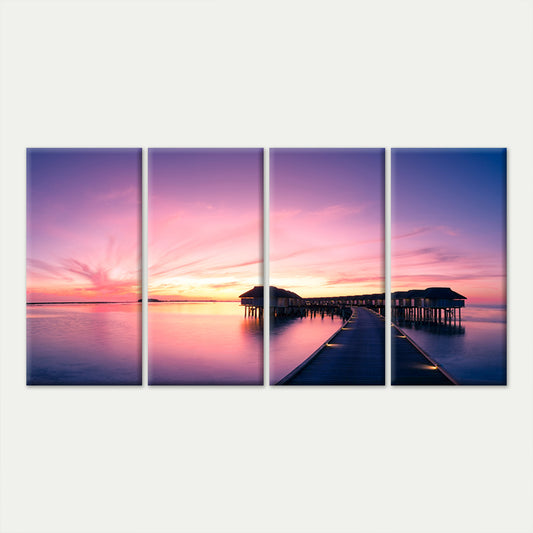 4pcs Maldives Overwater Villa Purple Sunset Wall Art Canvas Framed 45x80cm - High Quality Print 100% Australian Made Wall Canvas Ready to Hang