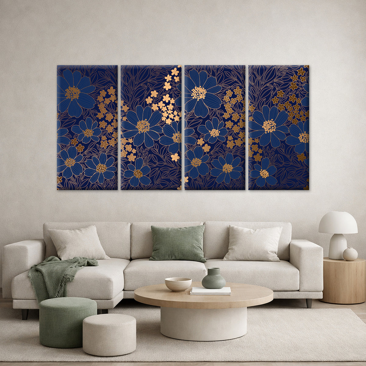 4pcs Luxury Navy Blue Gold Floral Leaf Pattern Wall Art Canvas Framed 45x80cm        - High Quality Print 100% Australian Made Wall Canvas Ready to Hang