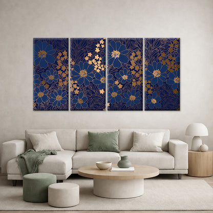 4pcs Luxury Navy Blue Gold Floral Leaf Pattern Wall Art Canvas Framed 45x80cm        - High Quality Print 100% Australian Made Wall Canvas Ready to Hang