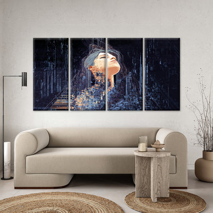 4pcs Profound Cyberpunk Glitch Woman Face Wall Art Canvas Framed 45x80cm - High Quality Print 100% Australian Made Wall Canvas Ready to Hang