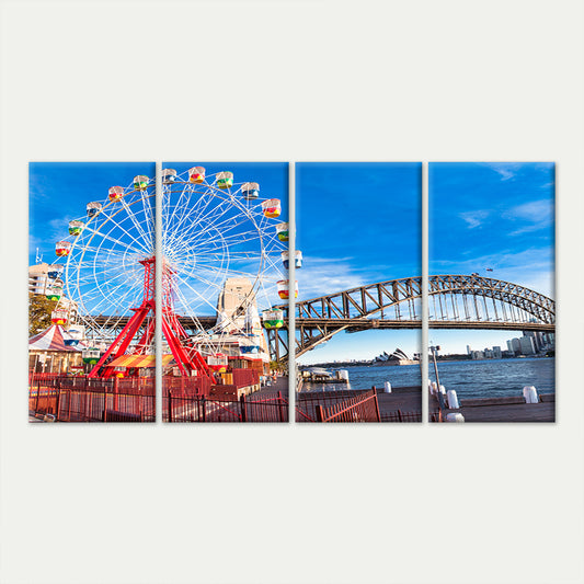 4pcs Sydney Harbour Bridge Ferris Wheel Park Wall Art Canvas Framed 45x80cm - High Quality Print 100% Australian Made Wall Canvas Ready to Hang