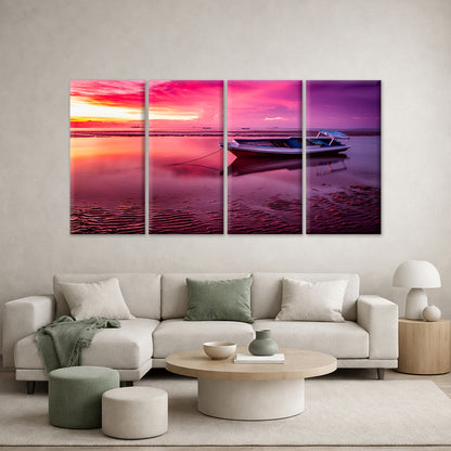 4pcs Vibrant Pink Purple Sunset Beach & Boat Wall Art Canvas Framed 45x80cm - High Quality Print 100% Australian Made Wall Canvas Ready to Hang