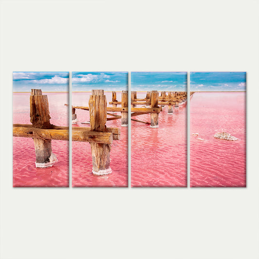 4pcs Pink Salt Lake Hutt Lagoon Wooden Pier Wall Art Canvas Framed 45x80cm - High Quality Print 100% Australian Made Wall Canvas Ready to Hang