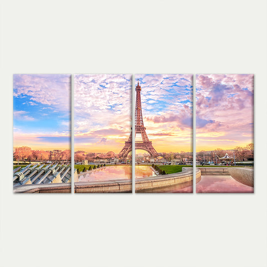 4pcs Paris Eiffel Tower Sunset Trocadero Fountain Wall Art Canvas Framed 45x80cm - High Quality Print 100% Australian Made Wall Canvas Ready to Hang