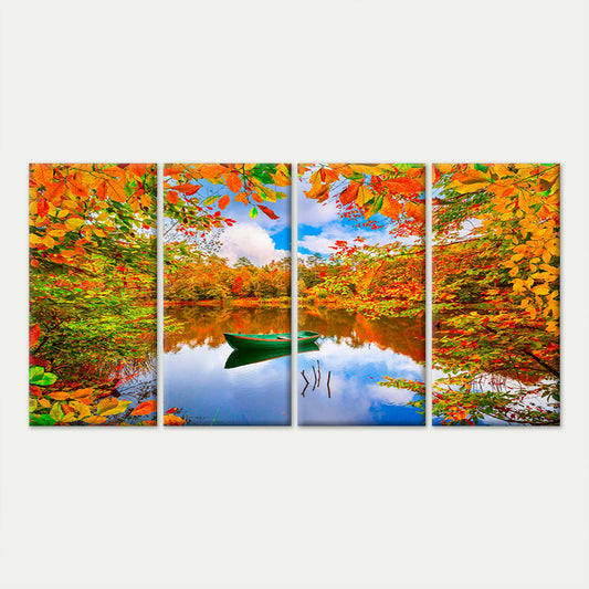 4pcs Beautiful Autumn Tree Reflection Pond Boat Wall Art Canvas Framed 45x80cm - High Quality Print 100% Australian Made Wall Canvas Ready to Hang