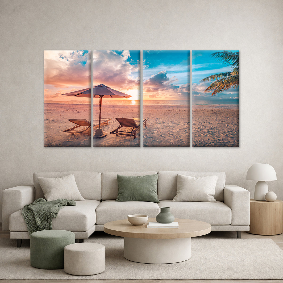 4pcs Tropical Beach Sunset Lounge Chair Palm Wall Art Canvas Framed 45x80cm - High Quality Print 100% Australian Made Wall Canvas Ready to Hang