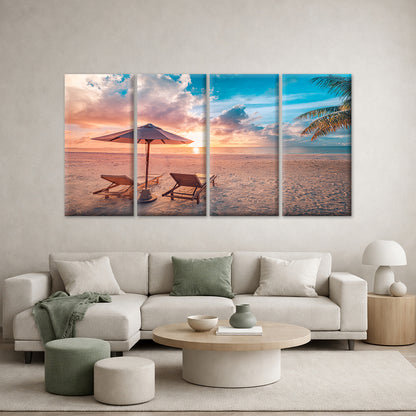 4pcs Tropical Beach Sunset Lounge Chair Palm Wall Art Canvas Framed 45x80cm - High Quality Print 100% Australian Made Wall Canvas Ready to Hang