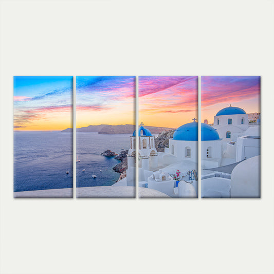 4pcs Santorini Greece Oia Blue Dome Sunset Wall Art Canvas Framed 45x80cm - High Quality Print 100% Australian Made Wall Canvas Ready to Hang