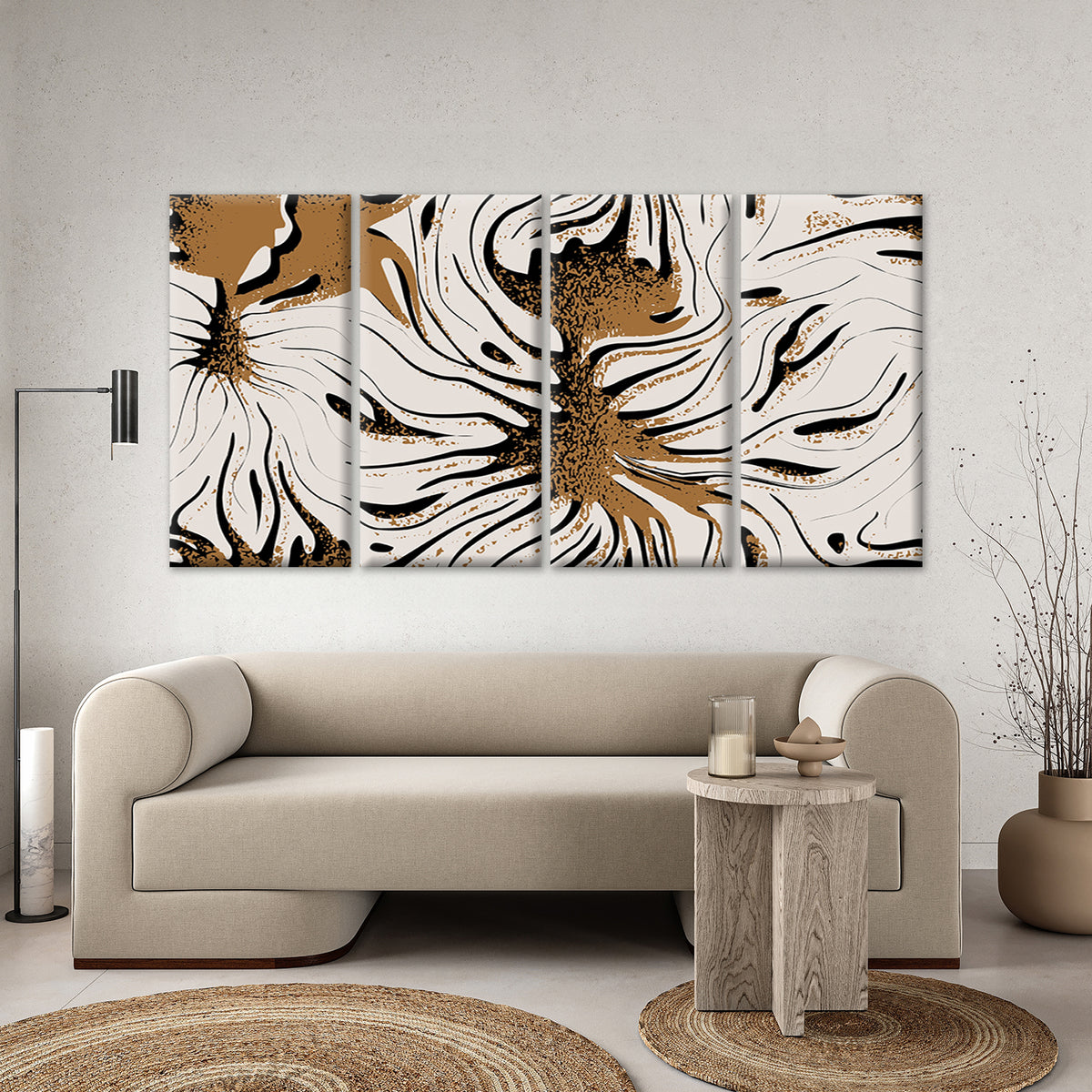 4pcs Modern Boho Ochre Gold Floral Swirl Pattern Wall Art Canvas Framed 45x80cm         - High Quality Print 100% Australian Made Wall Canvas Ready to Hang