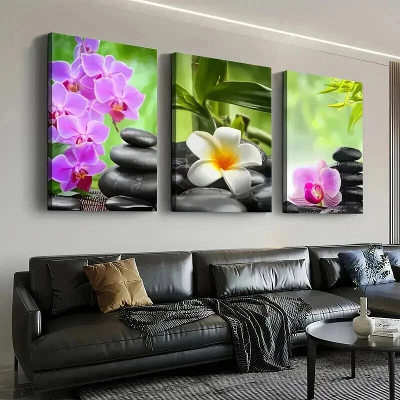 3pcs Modern Natural Flower Luck Stone Perfect Wall Art Set Canvas Framed 50x70cm - High Quality Print 100% Australian Made Wall Canvas Ready to Hang