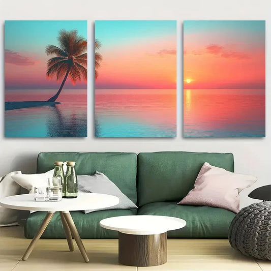 3pcs Minimal Palm Tree Aesthetic Tropical Sunset Metal Print Ready to Hang Art