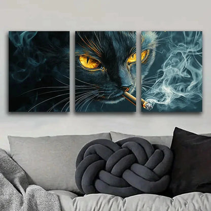 3pcs A Black Cat with Yellow Eyes Smoking Metal Print Ready to Hang Art