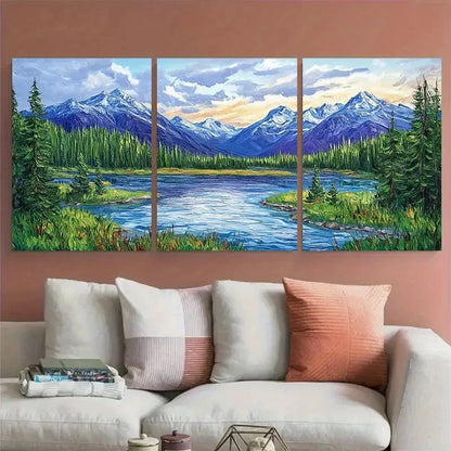 3pcs Mountain and River Landscape Forest Impasto Metal Print Ready to Hang Art