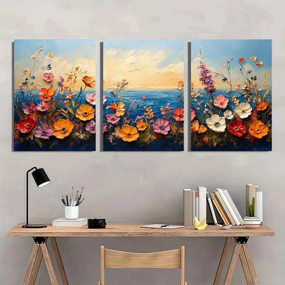3pcs Coastal Painting Wildflower Texture Metal Print Ready to Hang Art
