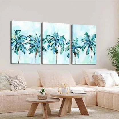 3pcs Blue Palm Tree and Tropical Scene Wall Art Set Canvas Framed 40x60cm - High Quality Print 100% Australian Made Wall Canvas Ready to Hang
