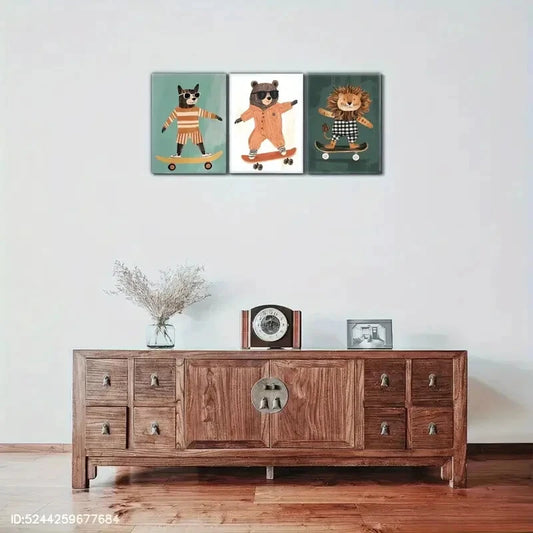 3pcs Dog Brown Bear Lion Skateboard Wall Metal Print Ready to Hang Art