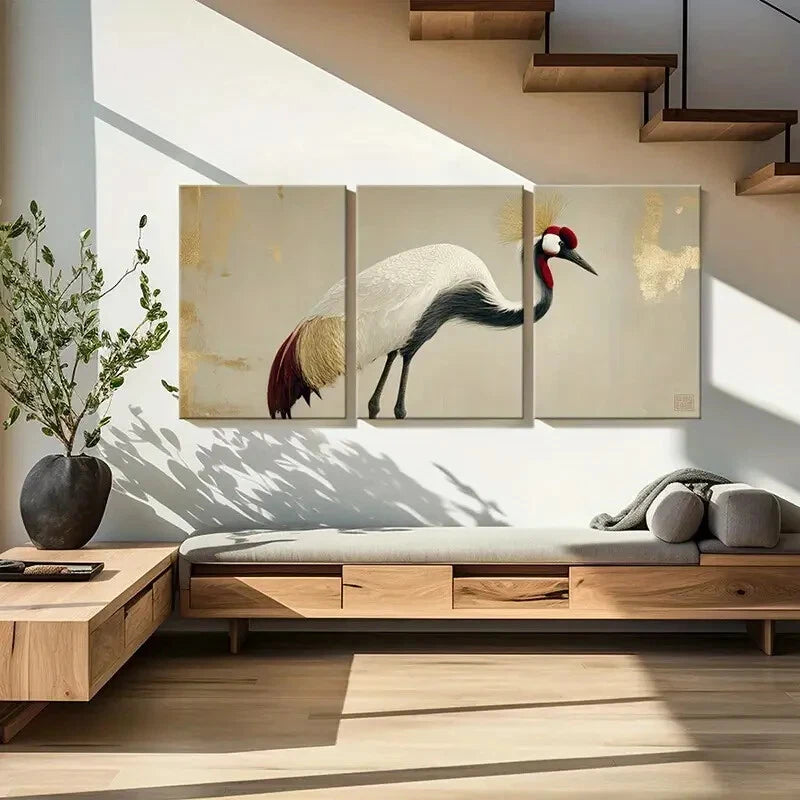 3pcs Crane Artwork White Feathers, Red Crown Metal Print Ready to Hang Art