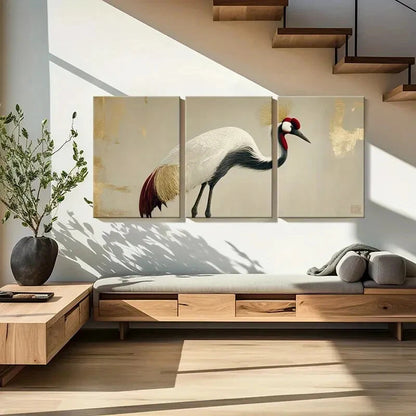 3pcs Crane Artwork White Feathers, Red Crown Metal Print Ready to Hang Art