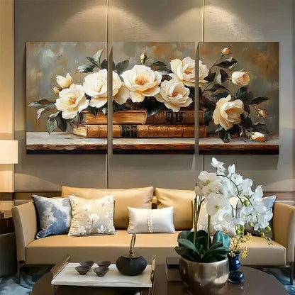 3pcs White Roses and Classic Literature Design Metal Print Ready to Hang Art