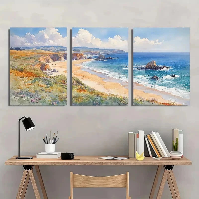 3pcs Sonoma Watercolor Coastline with Cliffs Metal Print Ready to Hang Art