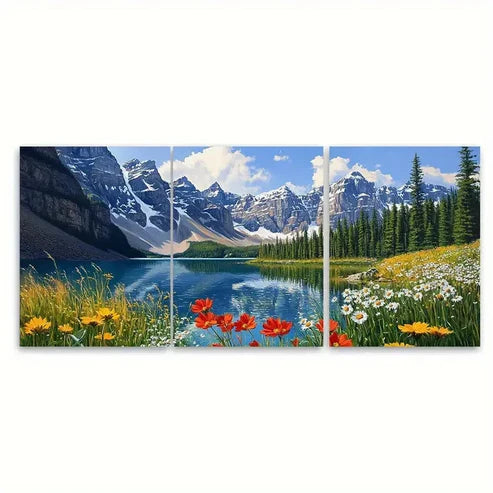 3pcs Moraine Lake Banff National Park Wildflower Wall Art Set Canvas Unframed - High Quality Print 100% Australian Made Wall Canvas