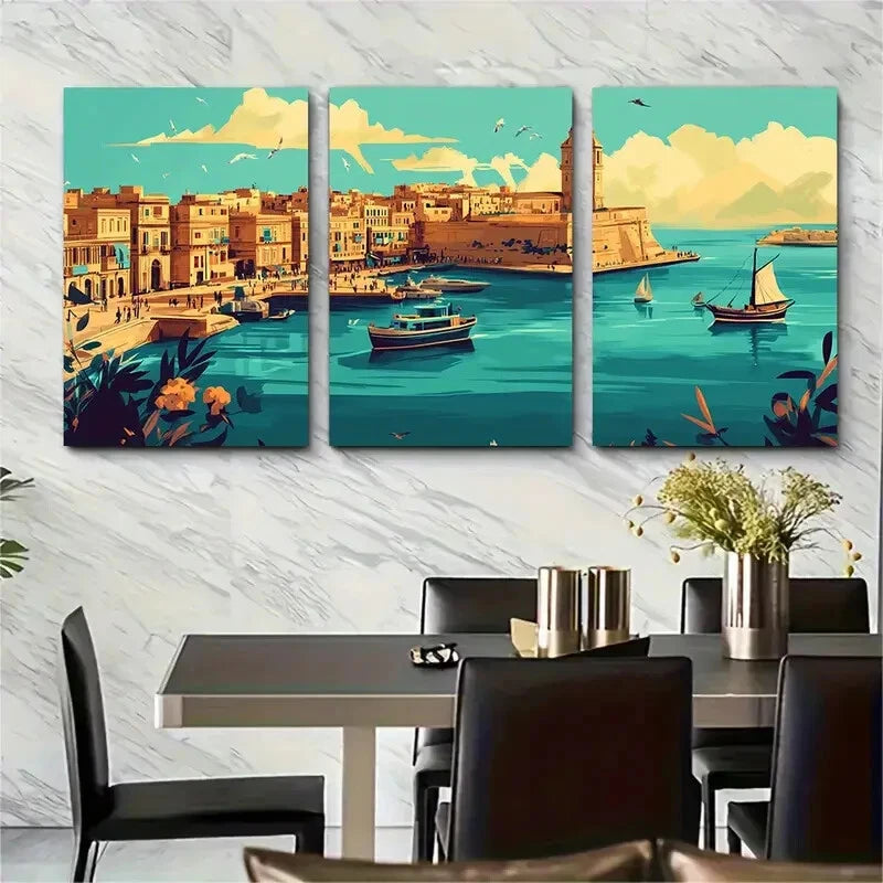 3pcs Vintage Inspired Malta Blue Metal Print Ready to Hang Art