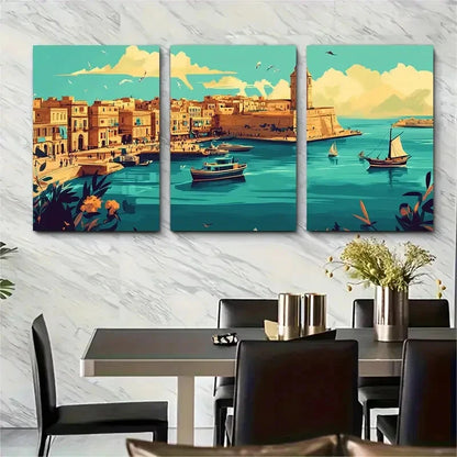 3pcs Vintage Inspired Malta Blue Metal Print Ready to Hang Art