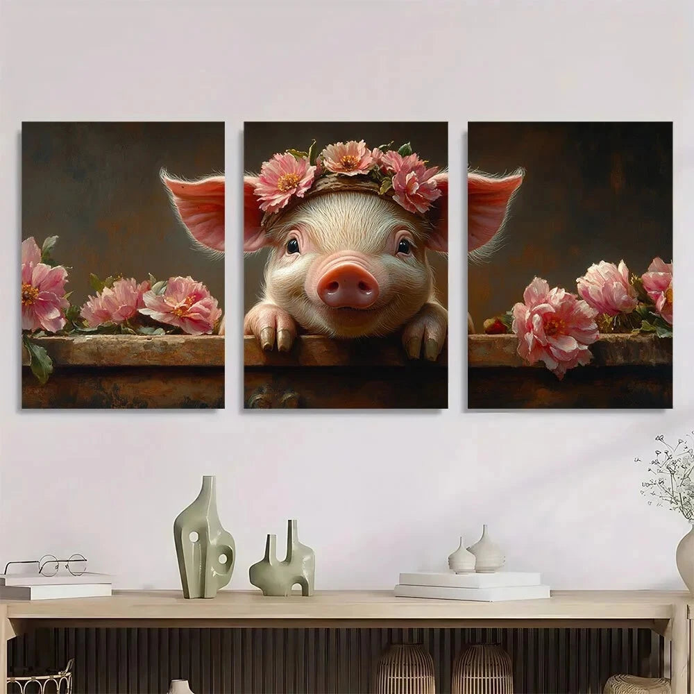 3pcs Charming Rustic Farmhouse Pig Metal Print Ready to Hang Art